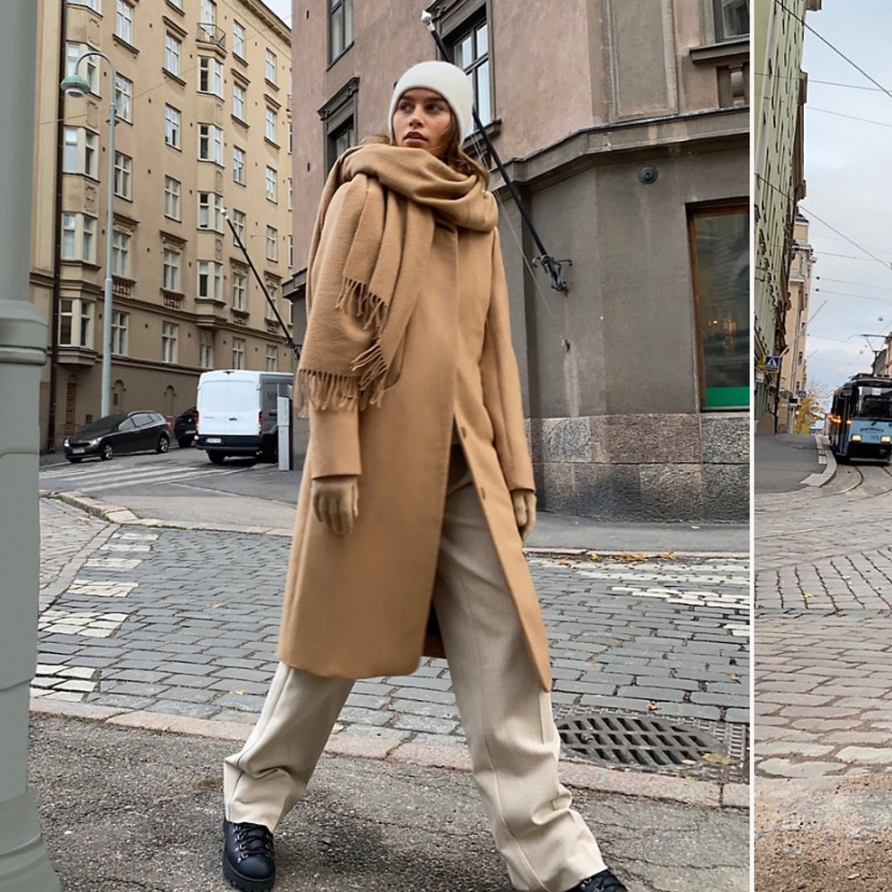 Aritzia Camel Wool Long Pea Coat with Scarf